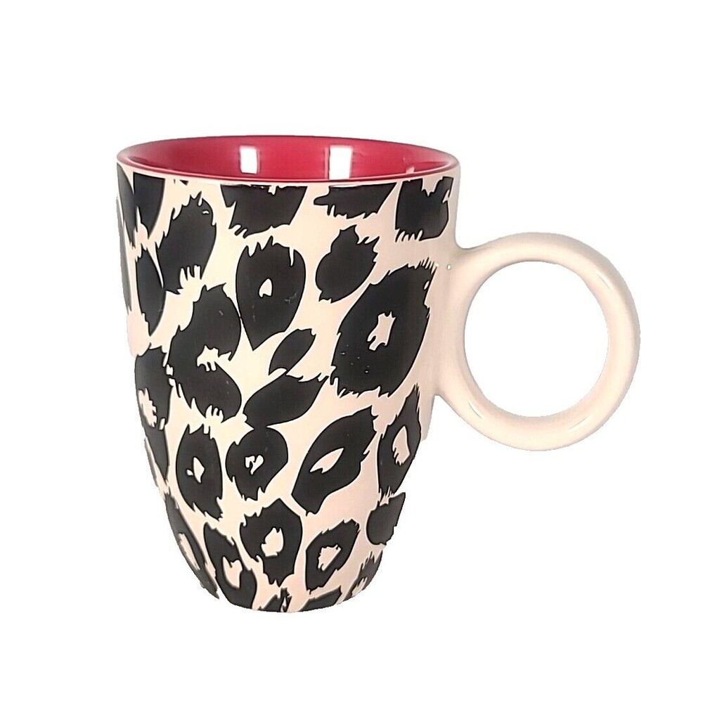 Mary Kay Coffee Mug Teacup Black and White Spotted Animal Print Red Inside.